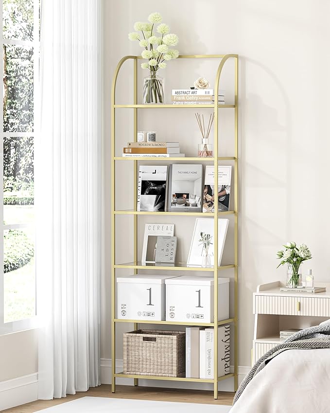 Bookcase Bookshelf, Tempered Glass Arched Bookshelf for More Storage, Slim Shelving Unit for Bedroom, Bathroom, Home Office, Steel Frame, Wide 6 Tier Gold BC22699G