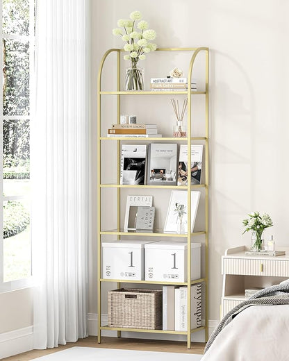 Bookcase Bookshelf, Tempered Glass Arched Bookshelf for More Storage, Slim Shelving Unit for Bedroom, Bathroom, Home Office, Steel Frame, Wide 6 Tier Gold BC22699G