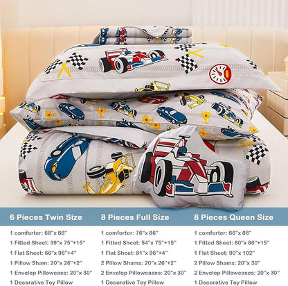 Mooreeke Full Size Comforter Sets for Boys Kids, 8 Pieces Bed in a Bag Racing Car Bedding Comforter Sheet Set with Shams and Decorative Toy Pillow, Ultral Soft Microfiber Kids Bed Set