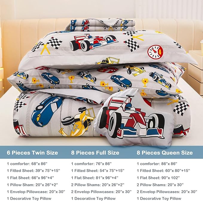 Mooreeke Queen Size Comforter Sets for Boys Kids, 8 Pieces Bed in a Bag Racing Car Bedding Comforter Sheet Set with Shams and Decorative Toy Pillow, Ultral Soft Microfiber Kids Bed Set