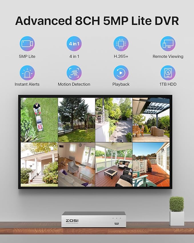 ZOSI 3K Lite Home Security Camera System with Audio,AI Human/Vehicle Detection,Night Vision,8 Channel H.265+ CCTV DVR with 1TB HDD,8pcs 1920TVL Indoor Outdoor Surveillance Cameras,for 24/7 Recording
