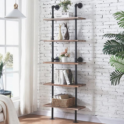 HOMBAZAAR Industrial Bookshelf, 5-Tier Industrial Pipe Bookshelf, Wall Mounted Ladder Shelves with Metal Frame for Home Office, Living Room, Oak Brown