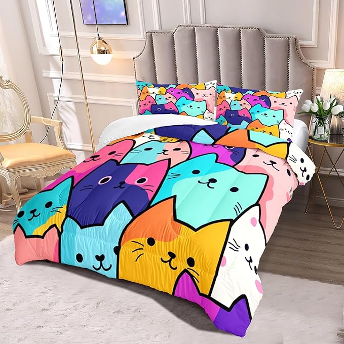 Cat Comforter Full Size - Full Size Comforter Girl Cat Cute Cat Bedding for Girls Kids Full Size Bedding Set Cats Colorful Cartoon Cat Comforter Set, 1 Comforter+2 Pillowcases
