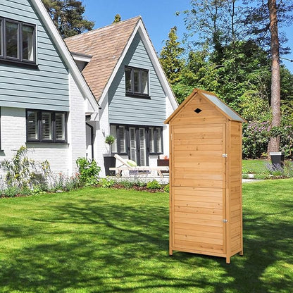 Goplus Outdoor Storage Shed, Lockable Fir Wood Garden Tool Storage Cabinet with Galvanized Sheet Roof for Garden, Yard, Natural Color