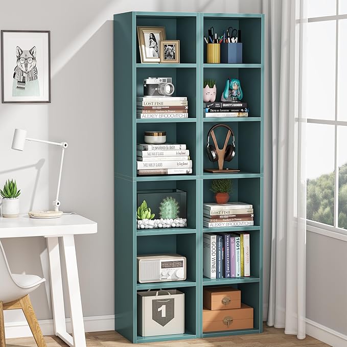 70.9 Inch Tall Narrow Bookcase, Corner Bookshelf 6 Tier Cube Display Shelf Storage Organizer for Small Space, Blue