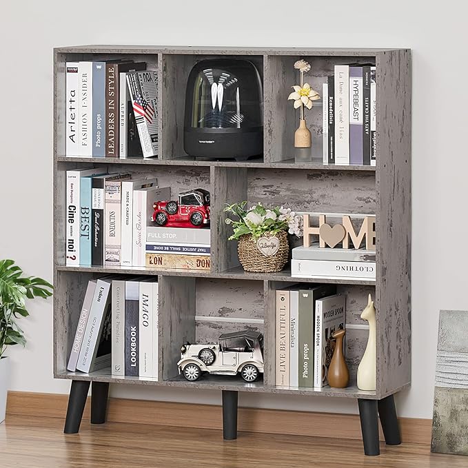 LEYAOYAO 8 Cube Bookshelf,3 Tier Bookcase with Legs,Modern Grey Mid-Century Bookshelves,Large Farmhouse Open Storage Organizer Shelf, Retro Wooden Display Book Case for Bedroom,Living Room,Office