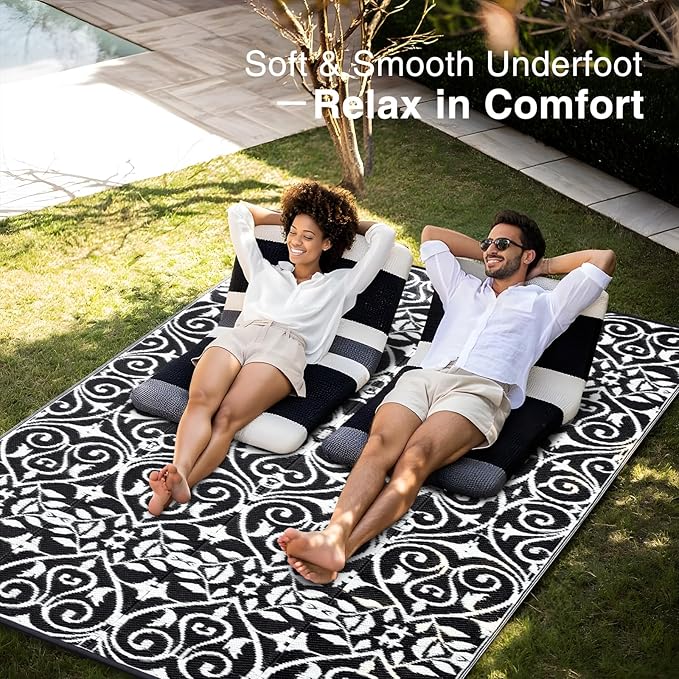 OLANLY Outdoor Rug Waterproof 6x9 ft Clearance, Reversible Outdoor Plastic Straw Rug with Floral Pattern, RV Mat for Patio, Camping, Balcony, Deck, Backyard, Black & White