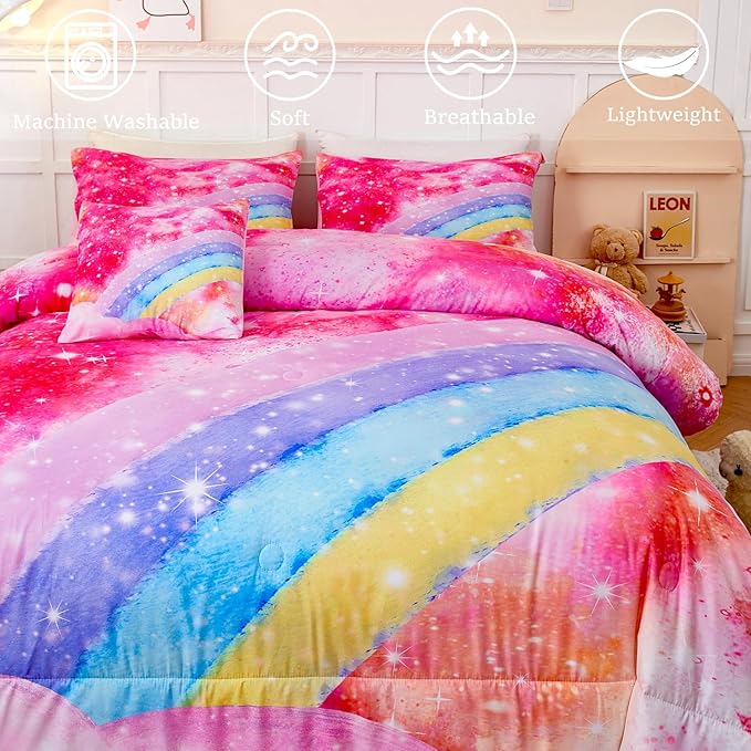 6 Pieces Pink Tie Dye Full Size Bedding Sets for Girls/Teens/Kids, Colorful Rainbow Girls Comforter Set, Sparkle Galaxy Glitter Bedding Comforter Set for All Season