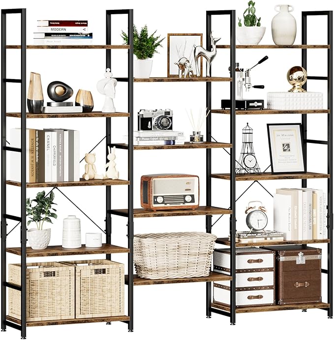 NUMENN Triple Wide 5 Tier Bookshelf, Rustic Industrial Style Bookcases with 14 Open Display Shelves, Modern Tall Bookcase Furniture for Bedroom, Living Room and Home Office, Vintage