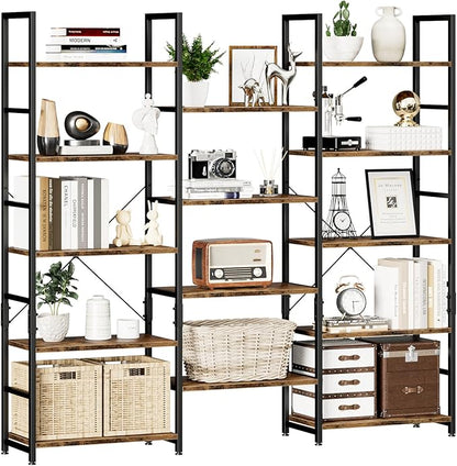 NUMENN Triple Wide 5 Tier Bookshelf, Rustic Industrial Style Bookcases with 14 Open Display Shelves, Modern Tall Bookcase Furniture for Bedroom, Living Room and Home Office, Vintage