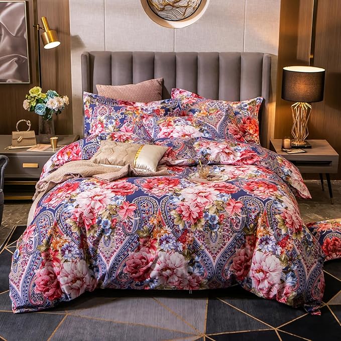 ABREEZE Colorful Floral Duvet Cover Queen 100% Cotton Flower Duvet Cover 3 Piece Set 1 Multi-Colored Damask Paisley Duvet Cover with Zipper Ties 2 Pillowcases Luxury Soft Peony Print Bedding Set