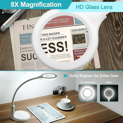 8X Magnifying Glass with Light and Clamp, 5 Color Modes Stepless Dimmable Lighted Magnifier with Stand, Flexible Gooseneck LED Desk Lamp Hands Free for Craft Painting Hobby Close Work - White