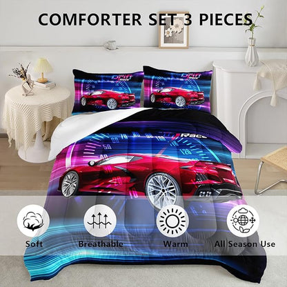 Axolotl Race Car Bedding Set Queen Size,Boys Extreme Sports Comforter Set for Kids Boys Car Racing Gifts,Red Cool Car Comforter Car Sports Quilt Set 1 Comforter Set with 2 Pillowcase Car Racing Gifts