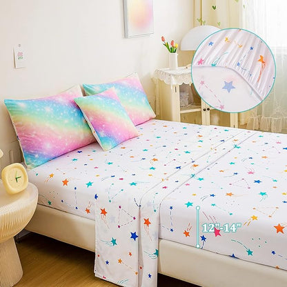 Glitter Galaxy Comforter Set 6 Pcs Bed in A Bag, Ombre Pink Blue Rainbow Girls Full Size Bedding Sets with Sheets