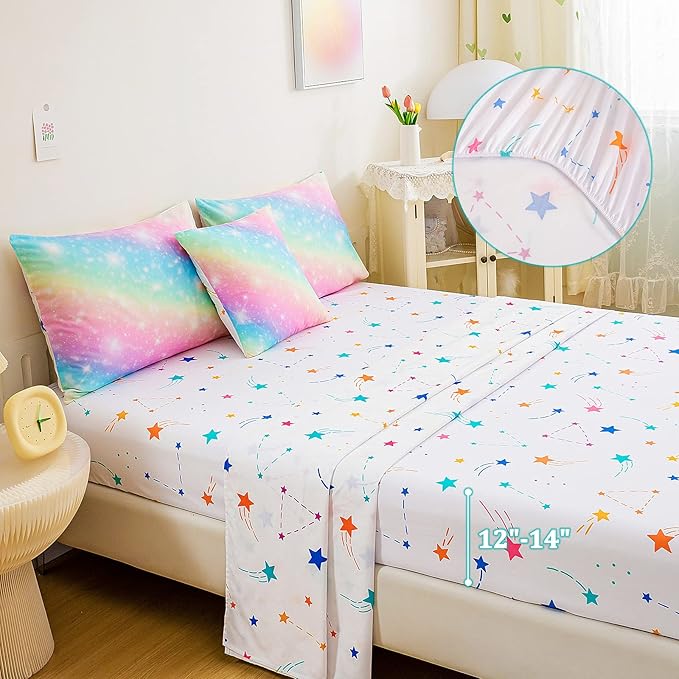 6 Pcs Bed in A Bag Glitter Galaxy Comforter Set Twin Size, Ombre Pink Rainbow Bedding Sets with Sheets for Girls