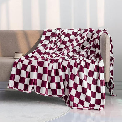 LOMAO Throw Blankets Flannel Blanket with Checkerboard Grid Pattern Soft Throw Blanket for Couch, Bed, Sofa Luxurious Warm and Cozy for All Seasons (Burgundy, 50"x60")