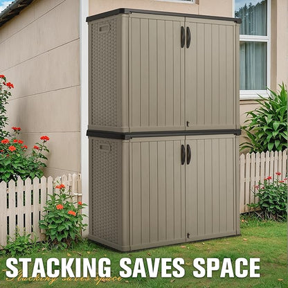 Greesum Outdoor Horizontal Storage Sheds 27 Cu.ft Resin Large Storaged Box Weather Resistance, Without Shelf, Easy to Assemble, Prefect for Garden, Patios, Backyards, Beige