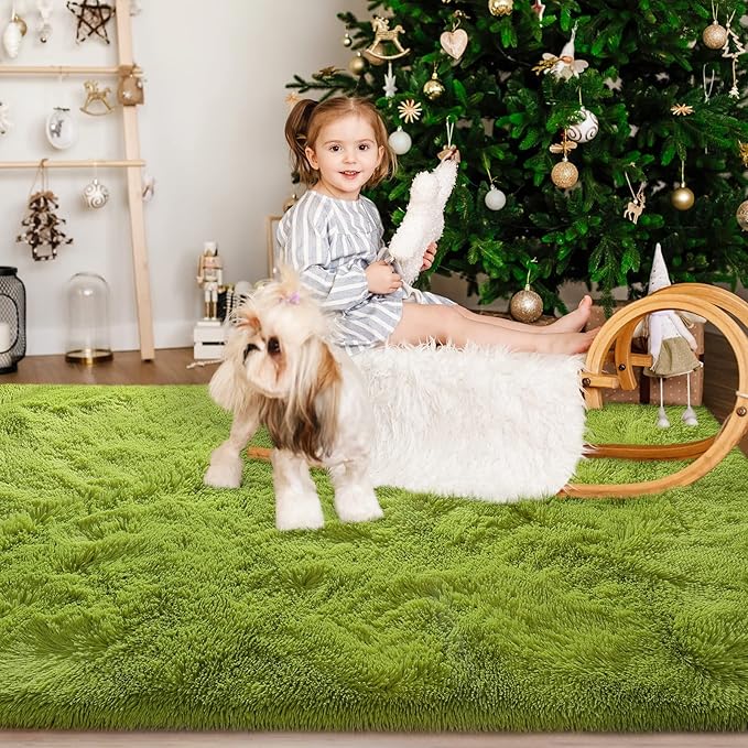 Super Soft Fluffy Shaggy Rugs for Living Room Bedroom, Fuzzy Plush Area Rugs for Girls Kids Room Nursery Home Decor, Furry Dorm Rug Cute Non-Slip Indoor Floor Carpet 4x5.9 Feet, Green