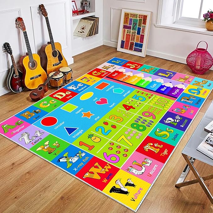 Kids Alphabet Play Game Rug - -4'x6' ABC Numbers and Shapes Educational Learning Toddler Carpet - Kids Room Playroom Classroom Kindergarten Activity Fun Soft Non-Slip Mat