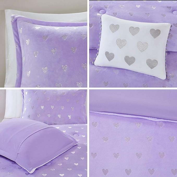 Mi Zone Rosalie Comforter Set for Girls, Ultra-Soft Microlight Plush Metallic Printed Hearts Brushed Reverse Overfilled Down Alternative Hypoallergenic All Season, Full/Queen, Purple/Silver, 4 Piece