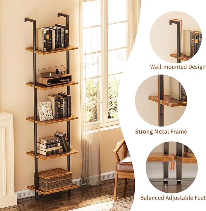SUPERJARE 5-Tier Bookshelf, Narrow Book Shelf Set of 2, Open Wall-Mounted Ladder Shelf with Metal Frame, Display Bookcase for Home Office, Bedroom, Rustic Brown