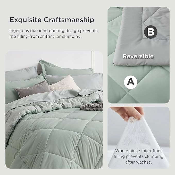 Bedsure Sage Green King Comforter Set - 7 Pieces Reversible Bed Set Sage Green Bed in a Bag King with Comforters, Sheets, Pillowcases & Shams, King Bedding Sets