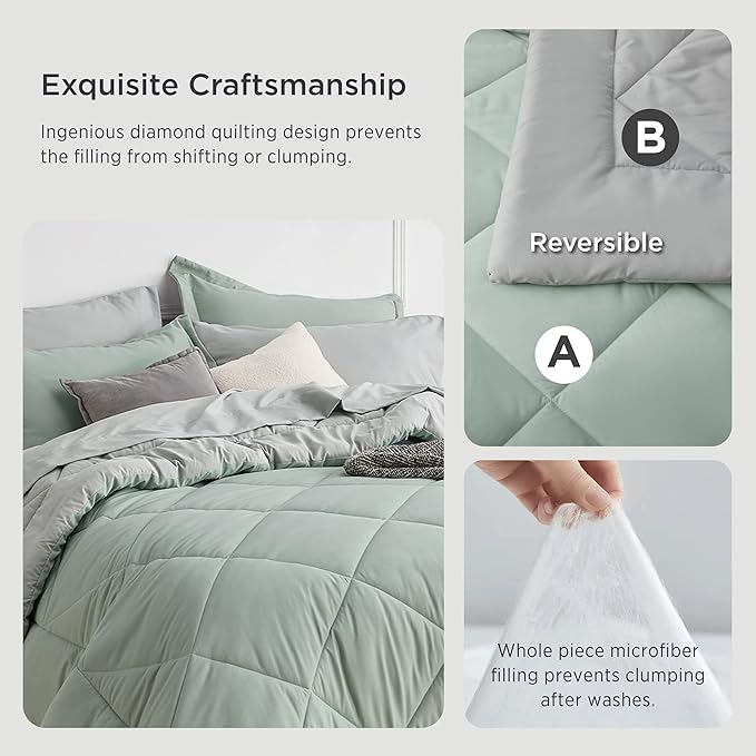 Bedsure Sage Green Queen Comforter Set - 7 Pieces Reversible Bed Set Sage Green Bed in a Bag Queen with Comforters, Sheets, Pillowcases & Shams, Queen Bedding Sets