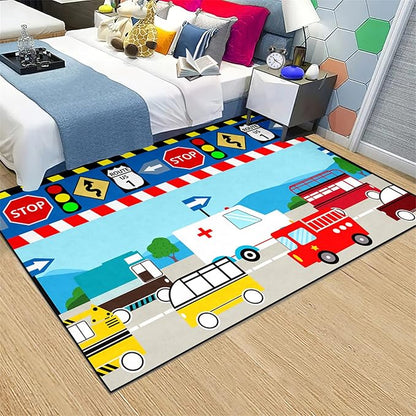 Cartoon Ambulance Car Area Rug Car Carpet for Kids Play Rug for Cars and Trucks Car Rug Play Mat Car Track Rug Truck Rugs for Boys Room Rugs for Boys Bedroom,Light Blue 2'5''×4'