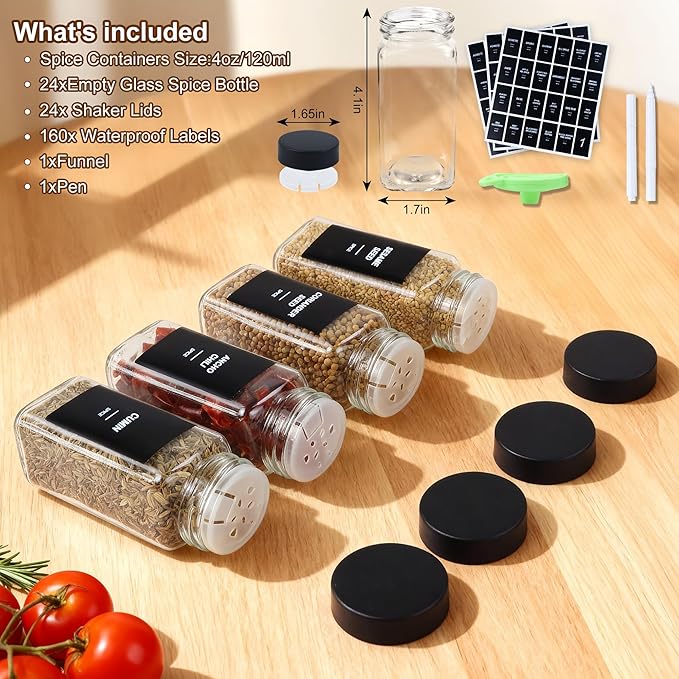 24 Spice Jars with Labels, 4oz Seasoning Jars for Cabinets, Drawers, Racks | Lead-free glass seasoning containers with black airtight lids, and they are dishwasher safe