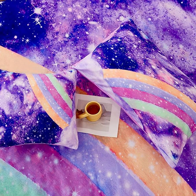 Rainbow Full Size Bedding Sets for Girls, Glitter Tie Dye Purple Kids Comforter Sets, 6Pcs Soft Sparkle Galaxy Bed in A Bag with Sheets for Teens