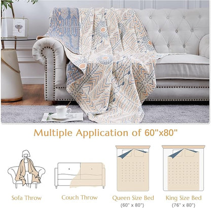 jinchan Boho 100% Cotton Muslin Twin Size 60x80 Throw Blanket Lightweight 4-Layer Orange Reversible Blanket Washable Breathable Geometric Striped Pattern Soft Comfy for Couch Bed Decor All Seasons