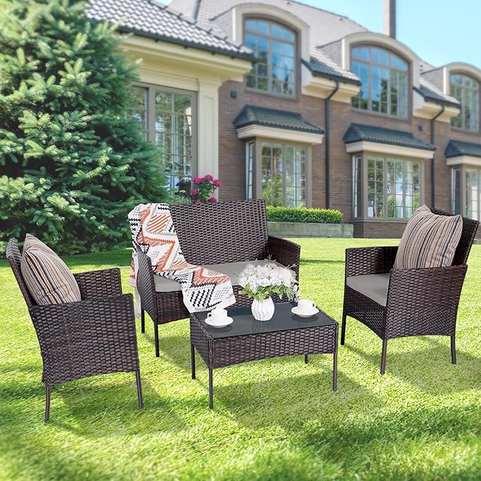 Patio Furniture Set 4 Pieces Conversation Sets Outdoor Wicker Rattan Chairs Garden Backyard Balcony Porch Poolside Loveseat with Soft Cushion and Tempered Glass Table(Brown/Grey)