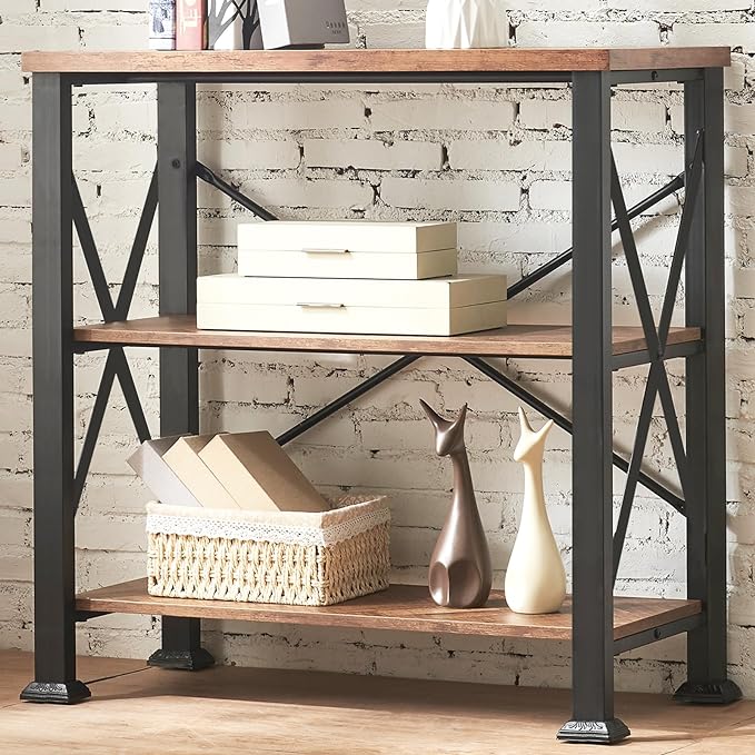 HOMBAZAAR Bookshelf, 3-Tier Industrial Bookshelf, Etagere Bookcases and Bookshelves, Small Bookshelf Storage Organizer, Freestanding Bookshelf for Living Room, Bedroom and Home Office, Brown