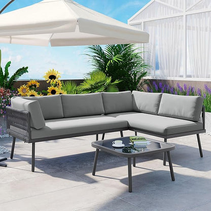 3-Piece Outdoor Furniture Set Rattan Sectional Sofa with Glass Table and Removable Cushions, All Weather PE Patio L-Shaped Couch Metal Frame, for Backyard, Poolside, Garden, Onesize, Gray
