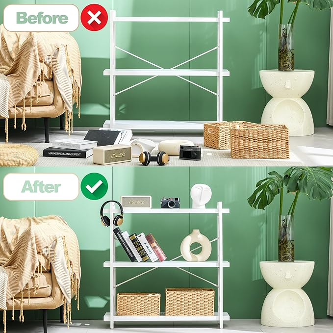 HCHQHS Bookshelf, 3-Tier Industrial Bookcase, White Open Book Shelf, Freestanding Horizontal Bookshelves with Metal Frame