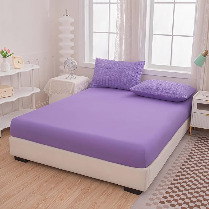 Seersucker Purple Queen Size Comforter Sets for Girls Women Boho Purple Seersucker Bedding Set & Collections 5 Pieces-Soft Lightweight Microfiber Bed Set for All Season,Queen 90''x90''…