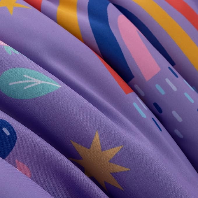 Btargot Lightweight Soft 3 Piece Rainbow Comforter Set with 2 Pillow Covers, Cartoon Love Hearts Flowers and Sun Star Bedding Set for Girls Boys Kids, Queen Dark Purple