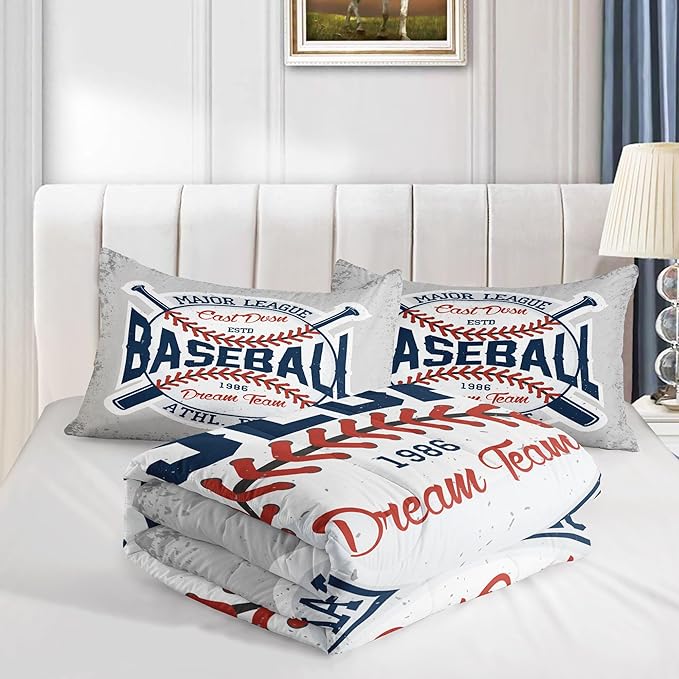Datura home Baseball Comforter Set Vintage Grey Baseball Printed Quilt Bedding Set with 1 Comforter and 2 Pillowcases for Boys and Girls Bedroom All Season(Baseball Full)