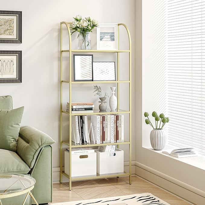 Bookcase Bookshelf, Tempered Glass Arched Bookshelf for More Storage, Slim Shelving Unit for Bedroom, Bathroom, Home Office, Steel Frame, Wide 5 Tier Gold BC22599G