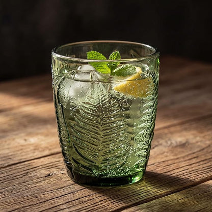 Green Drinking Glasses Set of 8, 10 oz Glass Cups, Vintage Fern Glassware | Hand-Pressed, Dishwasher Safe, Boho Leaf-Textured Drinkware, Colored Embossed Lowball Tumblers for Water, Retro Kitchen Gift