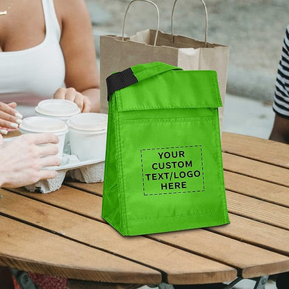 DISCOUNT PROMOS 10 Hook and Loop Insulated Lunch Bags Set - Customizable Text, Logo - Polyester, Durable, Vibrant, Reusable - Green