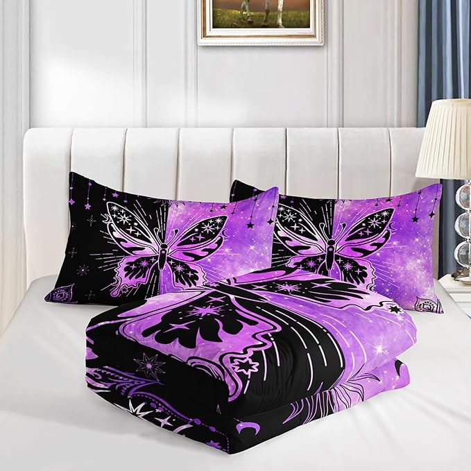 Datura home Black Purple Butterfly Comforter Set for Girls Women,Boho Butterfly Sun and Moon Mandala Printed Bedding Set with 2 Pillowcases(Black Purple Queen)