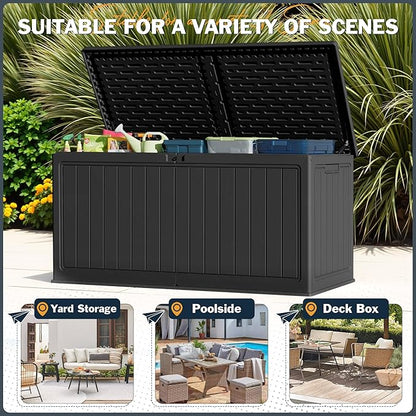 Greesum 260 Gallon HDPE Outdoor Storage Box - Waterproof, Large Capacity Deck Box with Removable Dividers for Patio, Yard, Garden Tools, Black