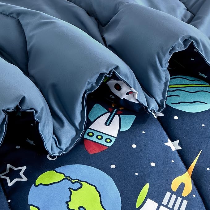 SLEEP ZONE Kids Bedding Comforter Set Full/Queen Size - Super Soft & Cute Printed 3-Piece Comforter Set All Seasons for Boys, Girls, Fade Resistant, Machine Washable, Rocket Galaxy