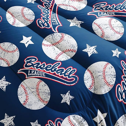 3D Baseballs Comforter Queen Size,Blue Baseball Kids Comforter Set,3Pcs Bedding Set Printed Comforter with 2 Pillowcases,Down Alternative,Soft and Lightweight,for All Seasons