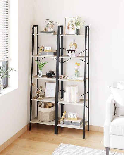 Ladder Shelf, Bookshelf Bookcase, Freestanding Corner Storage Shelve with 2 Hooks for Home Office, Living Room, Kitchen, Bedroom, Industrial, 5-Tier Greige BC19205B