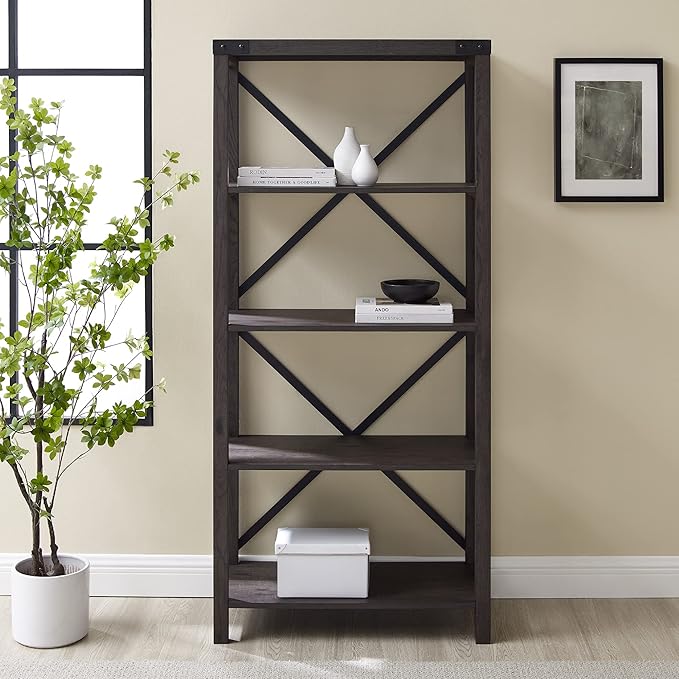 Walker Edison Andersen Urban Industrial Metal X-Back Bookshelf, 64 Inch, Sable Grey