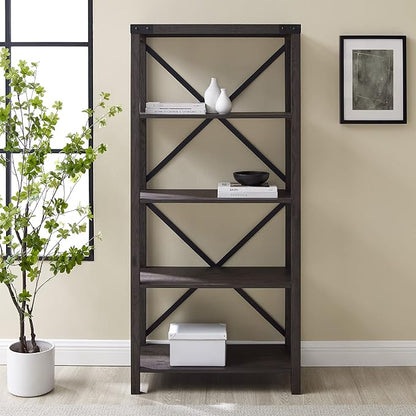 Walker Edison Andersen Urban Industrial Metal X-Back Bookshelf, 64 Inch, Sable Grey