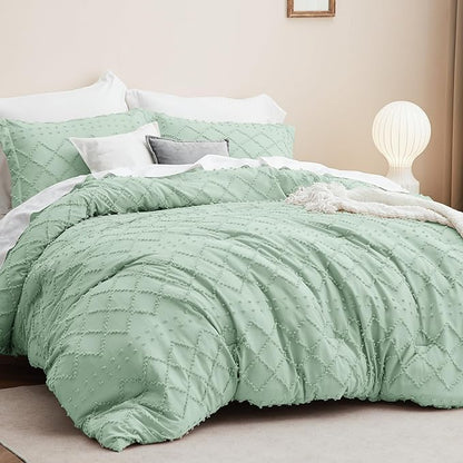 Bedsure Twin/Twin XL Comforter Set - Green Boho Twin Extra Long Comforter Set for College, Shabby Chic Dorm Bedding Set, 2 Pieces Modern Farmhouse Bed Set, includes 1 Pillow Sham