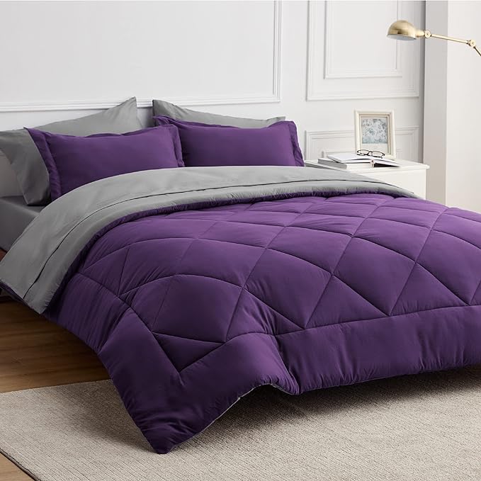 Bedsure Purple Full Comforter Set - 7 Pieces Reversible Bed Set Bed in a Bag Full with Comforters, Sheets, Pillowcases & Shams, Full Bedding Sets